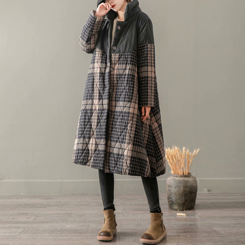 Women’s Retro Plaid Hooded Cotton Coat